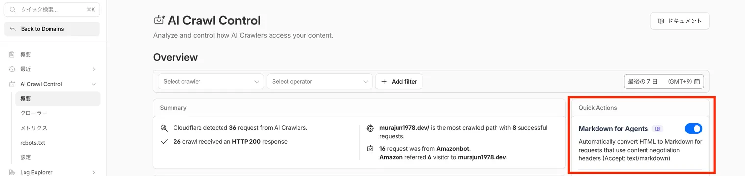Markdown for Agents dashboard